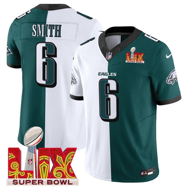 Men's Philadelphia Eagles #6 DeVonta Smith White/Green Split 2025 Super Bowl LIX Patch F.U.S.E. Vapor Untouchable Limited Stitched Football Jersey